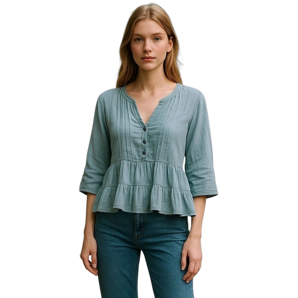 Anthropolgie 100% Cotton Baby Blue Button-Down Ruffle Top XXS Preowned - Picture 1 of 9